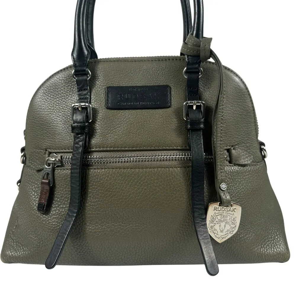 RUDSAK Genuine Leather‎ Pebbled Moss Green Black Top Handle Satchel Shoulder Bag